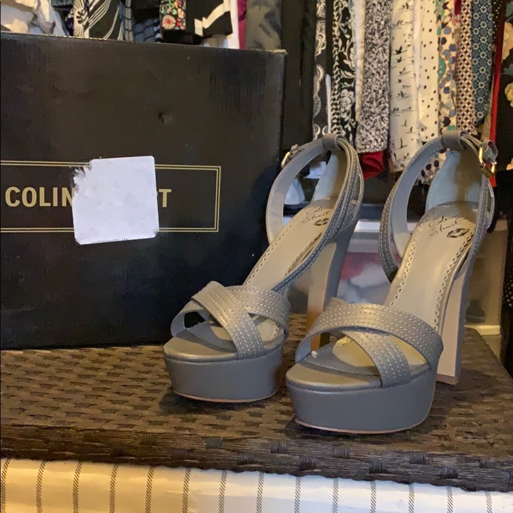 Colin Stuart leather ankle strap chunky stilettos